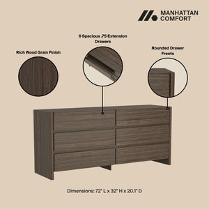 English Elm Linda 72" Walnut Brown 6-Drawer Dresser — Minimalist Low-Profile Design, Rich Wood Grain Storage (72") B365S00065