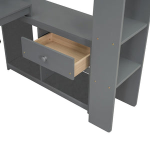 English Elm Wood Twin Loft Bed with Desk Led Lighting Charging Ports and Multi-zone Storage SM000373AAE
