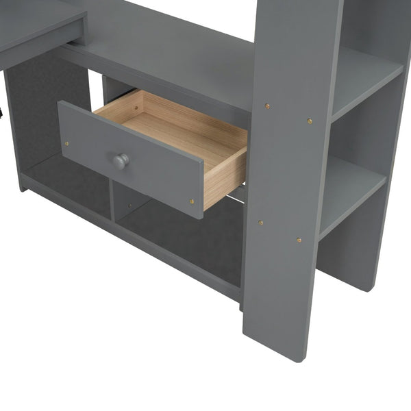 English Elm Wood Twin Loft Bed with Desk Led Lighting Charging Ports and Multi-zone Storage SM000373AAE