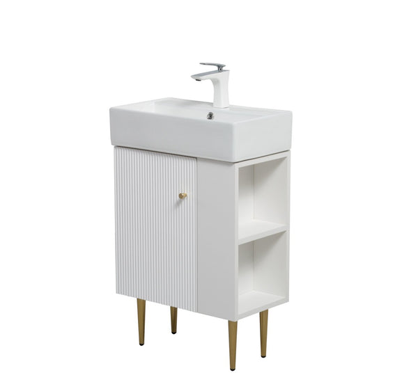 English Elm 21.6" Compact White Bathroom Vanity Base with Open Shelf and Gold Hardware Accents W1573P224391