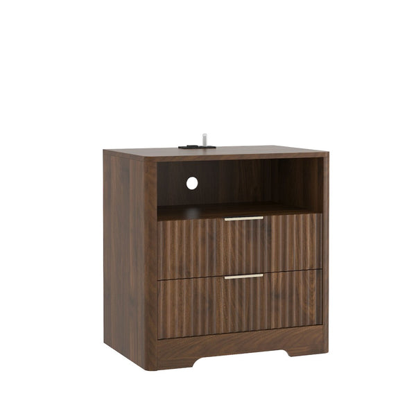 English Elm Nightstand Wood Cabinet with Usb Charging Ports Voice Light and Bedroom Storage W1321P399416