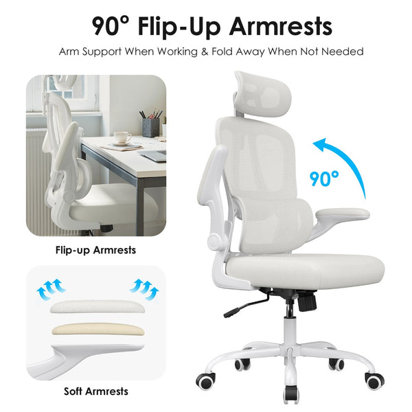 English Elm Ergonomic Mesh High Back Desk Chair with Lumbar Support Flip up Arms and Headrest Beige,White T3623P434269