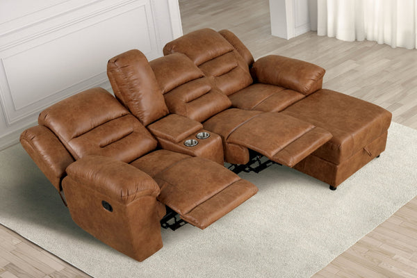 English Elm Contemporary Saddle Brown Leatherette 2pc Sectional Sofa with Console, Chaise Storage, 2 Recliners, Adjustable Backrest B2741S00322