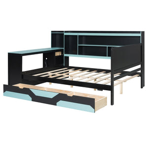 English Elm Full Size Gaming Bed Frame with Desk Led Lights Storage Drawers and Charging Station Black+Blue LP000289AAC