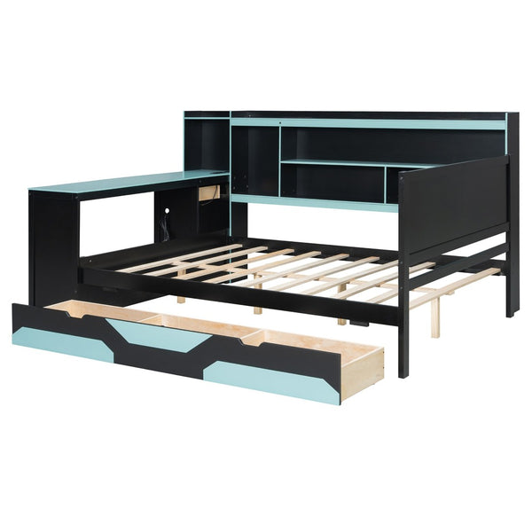 English Elm Full Size Gaming Bed Frame with Desk Led Lights Storage Drawers and Charging Station Black+Blue LP000289AAC