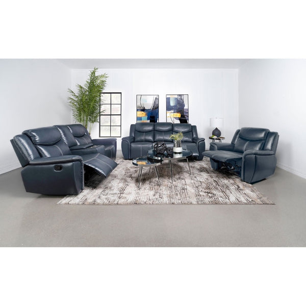 English Elm Stanwicke Blue Motion Reclining Sofa With Drop-Down Table: Modern Comfort & Elegant Design B062P354055-GIGA