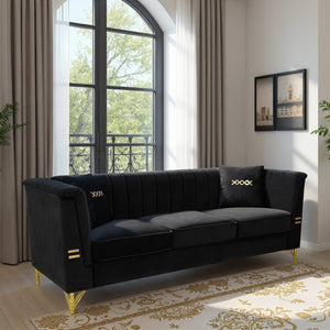 English Elm Fx-P82-Bk2 Modern Velvet 3-Seater Sofa With 2 Pillows | Elegant Chesterfield Design & Glam Gold Legs W576S00215
