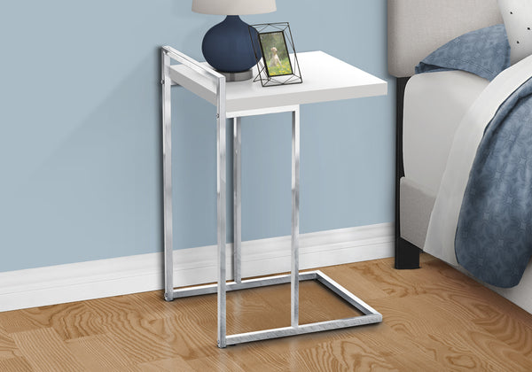 English Elm Accent C-Shaped Table - Glossy White Laminate With Chrome Base For Stylish Living Room & Bedroom Use B2710P219375
