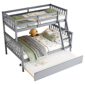 English Elm Twin Over Full Bunk Bed With Trundle, Detachable Ladder, Rustic Grey Wood, Space-Saving Design W504S00186-GIGA