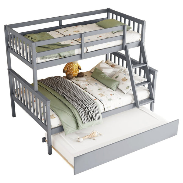 English Elm Twin Over Full Bunk Bed With Trundle, Detachable Ladder, Rustic Grey Wood, Space-Saving Design W504S00186-GIGA