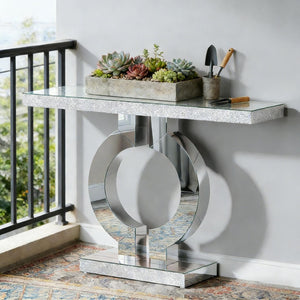 English Elm Mirrored Console Table with O-shaped Base Slim Acrylic Glam Entryway Accent T3971P453326