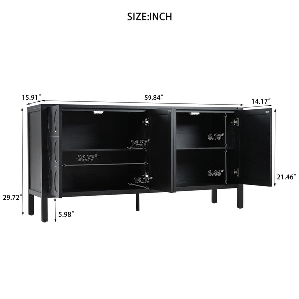 English Elm Stylish Geometric Circle Door Sideboard Cabinet with MDF Solid Wood Legs Adjustable Shelves Black W2696P256250