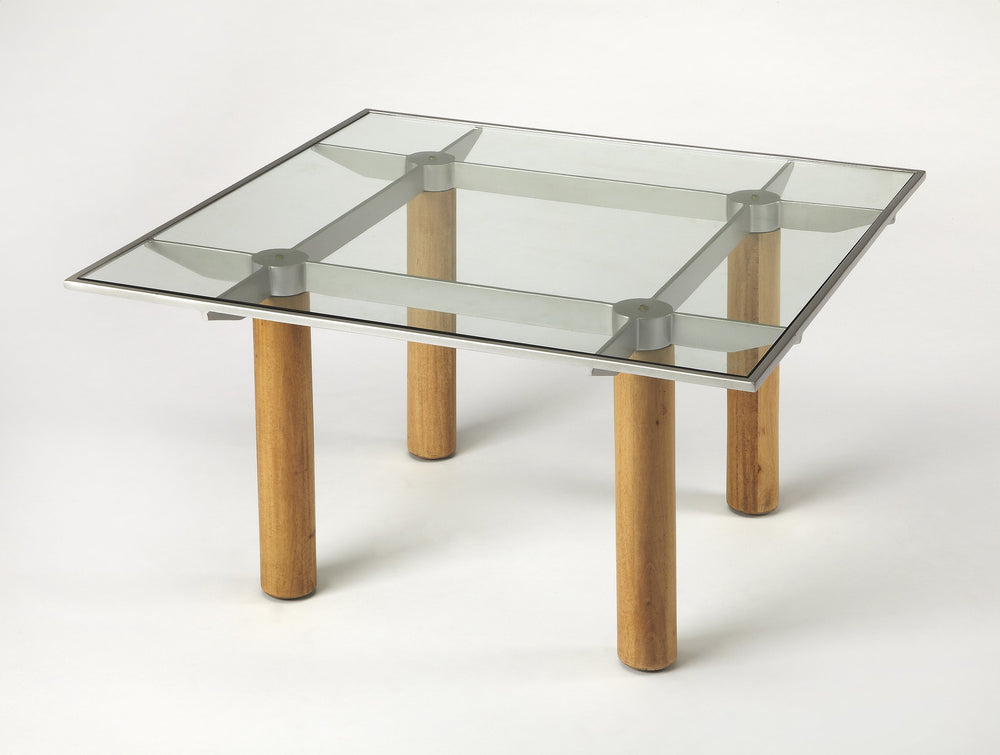 Butler Specialty Cirrus Modern Glass & Metal Cocktail Table With Unique Blade Design And Gemelina Wood Legs Multi,Color Gemelina Wood Solids,Tempered Glass,Metal 3782140-butler