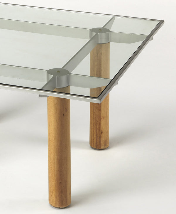 Butler Specialty Cirrus Modern Glass & Metal Cocktail Table With Unique Blade Design And Gemelina Wood Legs Multi,Color Gemelina Wood Solids,Tempered Glass,Metal 3782140-butler