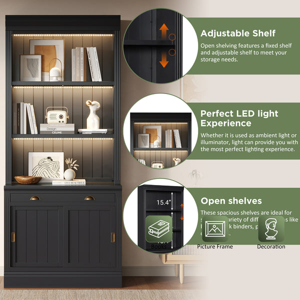 English Elm 83.4"Tall Modern Bookshelf With Led Lighting, Sliding Doors & Open Shelves For Stylish Storage Solutions N751S280596B