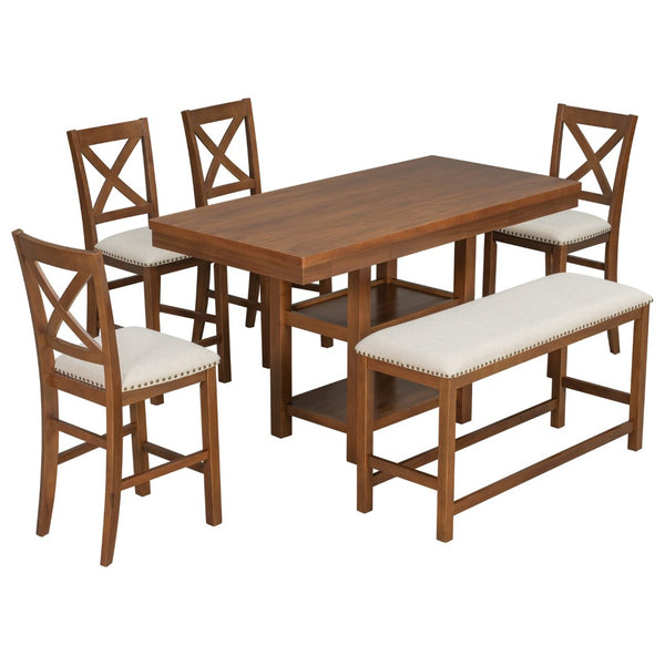 English Elm U_style Rubberwood Farmhouse Bar Table Set Expandable Crossback Chairs Bench Seating Brown WY000534AAD