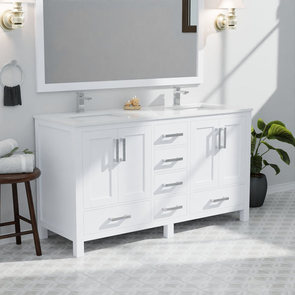 English Elm White Double Bath Vanity 60 in with Cultured Marble Top, Chrome Faucet, 58 in Mirror, Scratch-Resistant Finish B2731S01018