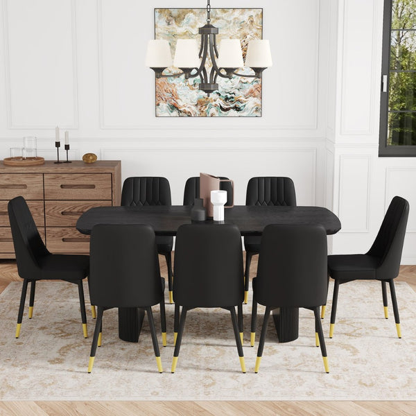 English Elm Table & 8 Black Pu Chairs Set - Modern 67" Mdf Dining Table With Stylish Design & Easy Care Finish W1151S04167-GIGA