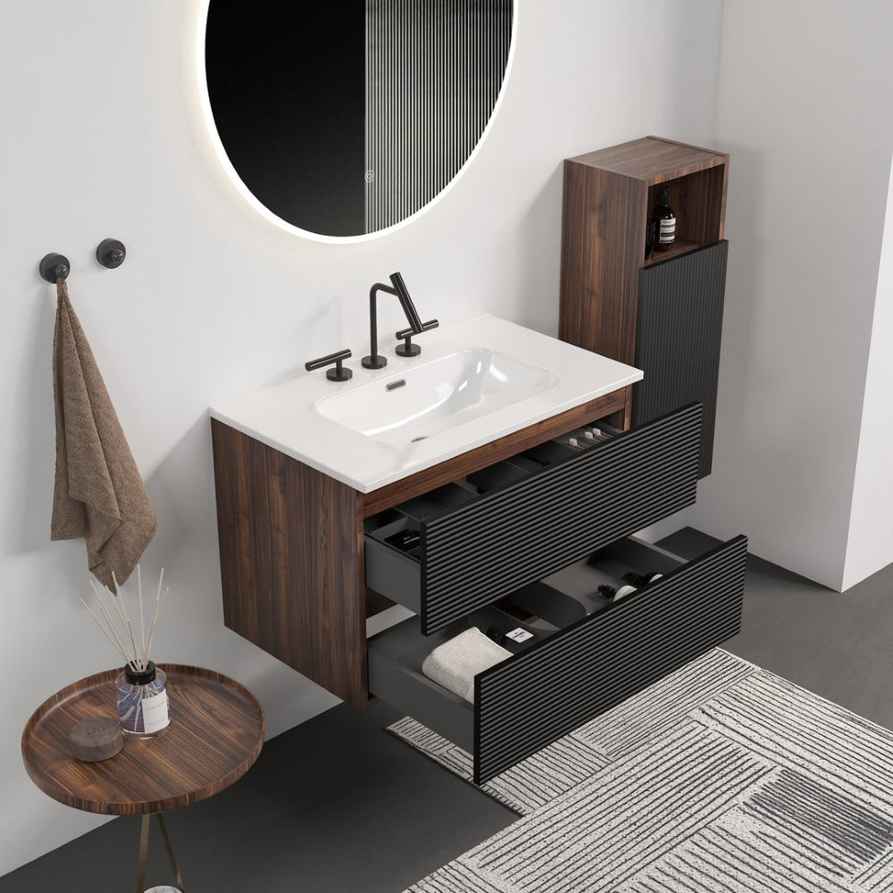 English Elm Gloria Floating Bathroom Vanity Walnut Two-tone Ceramic Sink Modern Storage Cabinet W1865S00199