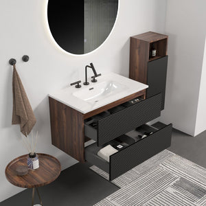 English Elm Gloria Floating Bathroom Vanity Walnut Two-tone Ceramic Sink Modern Storage Cabinet W1865S00199