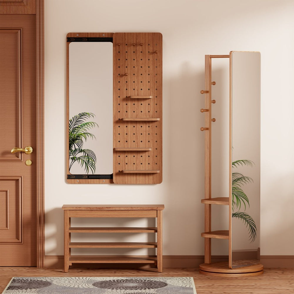 English Elm 47.6 Inch Rubberwood Wall Mirror with Sliding Panel Storage for Bedroom or Entryway W2987P438124