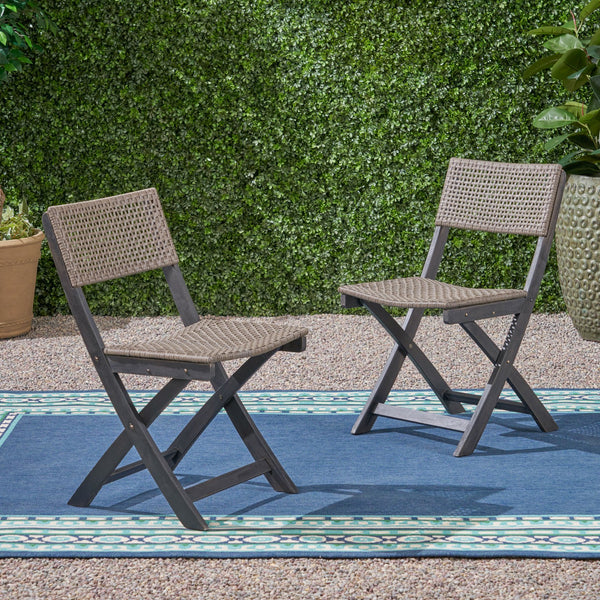 English Elm Christopher Knight Home® - HILLSIDE Woven Bistro Chair Set of 2 — Folding Wood Patio Seating with Handcrafted Caning, Low-Maintenance Comfort Grey+Brown 65092.00DGRY