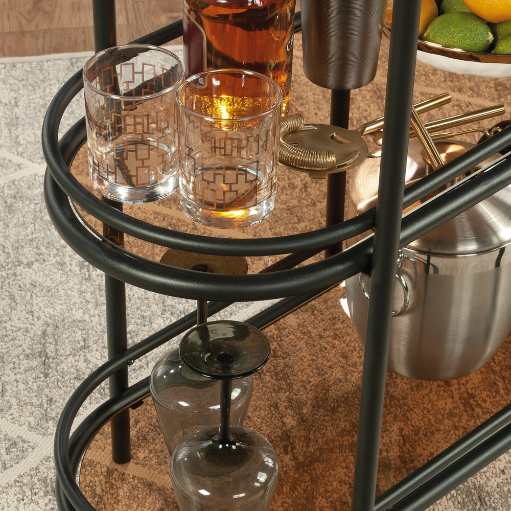 English Elm Bar Cart Black finish with Amber Tempered Glass Shelves, Powder-Coated Metal Frame, Casters for Small Spaces B356P354498