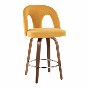 English Elm Fixed-height Swivel Counterstools Walnut Bentwood Legs Yellow Upholstery Chrome Footrest Pair B202S01797