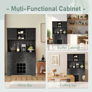 English Elm Coffee Bar Cabinet Dark Blue Farmhouse Buffet with Wine Cubbies, Stemware Rack, Drawers, Shelves & Prep Space Black W1580S00088