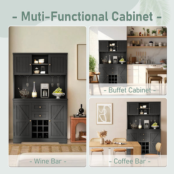 English Elm Coffee Bar Cabinet Dark Blue Farmhouse Buffet with Wine Cubbies, Stemware Rack, Drawers, Shelves & Prep Space Black W1580S00088