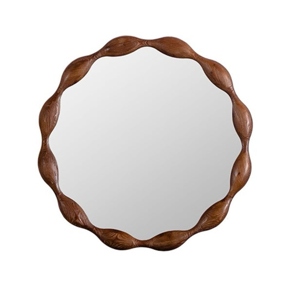 English Elm 32.28" Solid Walnut Wavy Frame Round Mirror Organic Silhouette for Entryway or Living Room W3158P390658