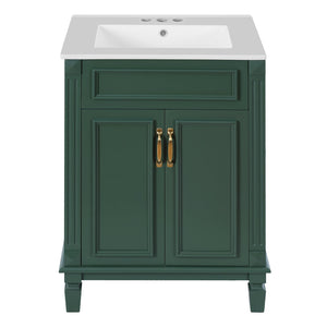 English Elm 24'' Bathroom Vanity with Sink - Solid Wood Frame, Glossy Ceramic Basin, Soft-Close Doors & Ample Storage Elegant Modern Design, Durable MDF Construction, Retro Metal Handles, Compact 24-inch Cabinet Green N710P317675F