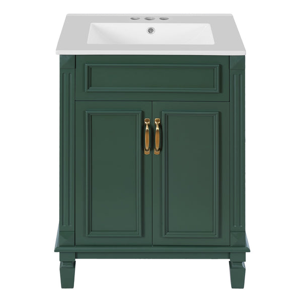 English Elm 24'' Bathroom Vanity with Sink - Solid Wood Frame, Glossy Ceramic Basin, Soft-Close Doors & Ample Storage Elegant Modern Design, Durable MDF Construction, Retro Metal Handles, Compact 24-inch Cabinet Green N710P317675F