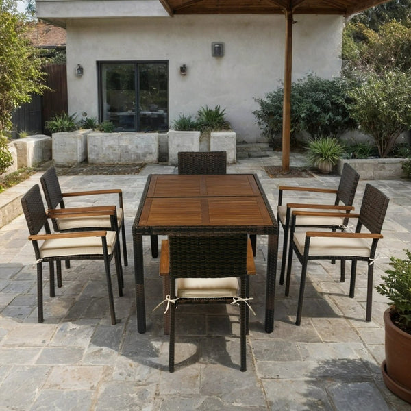 English Elm 7 piece Outdoor Patio Wicker Dining Set with Acacia Wood Table Brown Rattan Cream Cushions, Durable Elegance W329S00053