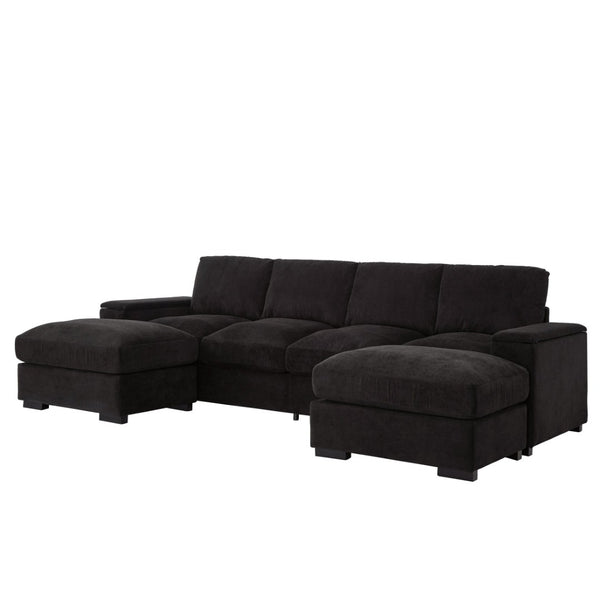 English Elm 122"l Corduroy Sectional with Dual Ottomans Modular U-shape Sofa for Modern Living Black W1669S00045