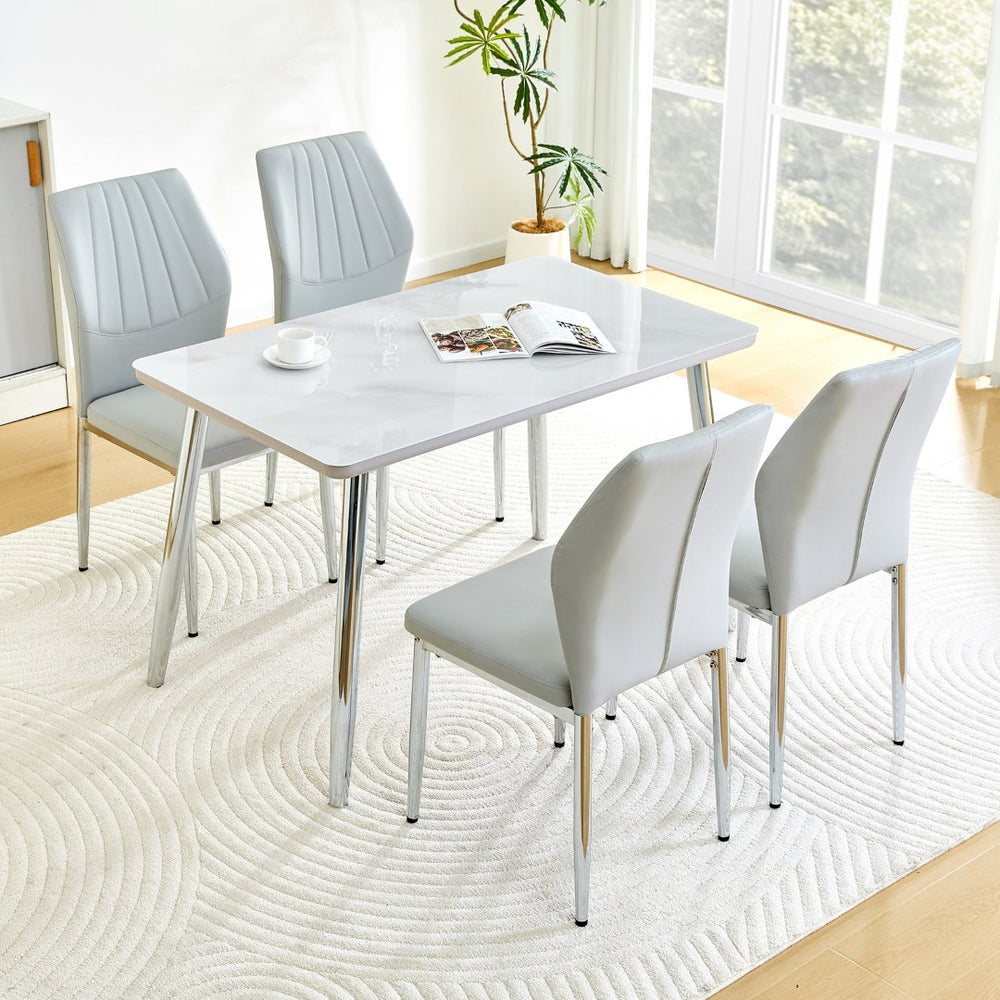 English Elm Table and Chair Set Marble Glass Top Silver Legs with Four Pu Seats for Dining W1151S04642