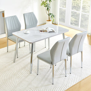 English Elm Table and Chair Set Marble Glass Top Silver Legs with Four Pu Seats for Dining W1151S04642