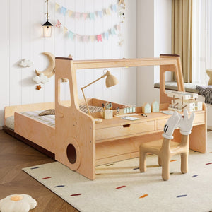 English Elm Full Size Car Shaped Kids Platform Bed with Storage Drawers Integrated Desk Pine Wood Natural W1580S00489