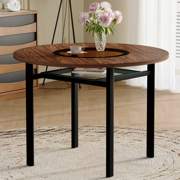 English Elm 42 Inch Round Dining Table Wood Grain Mdf Top Glass Inlay Metal Base Seats Six W1151P366397