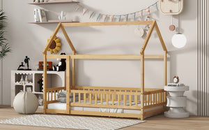 English Elm Twin Size House Floor Bed With Roof Frame & Safety Guardrails - Cozy & Imaginative Playtime Haven W504P286404-GIGA