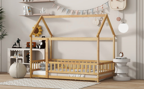 English Elm Twin House Shaped Floor Bed Solid Rubberwood Frame with Guardrails for Kids W504P370545