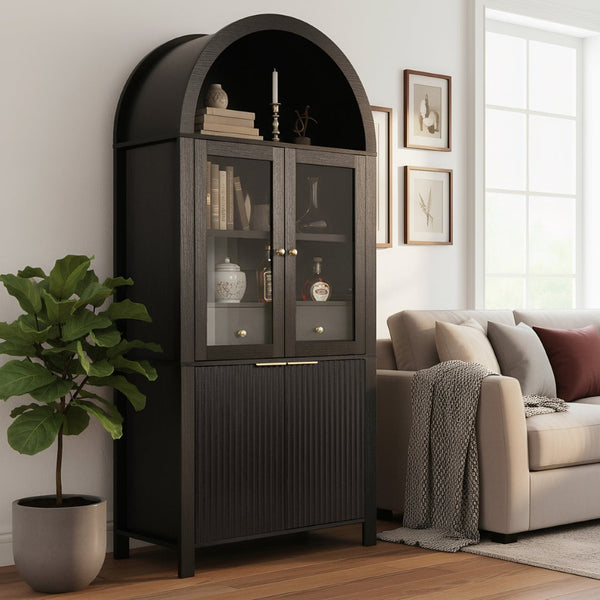 English Elm 71" Arched Glass Barn Door Pantry Cabinet Farmhouse Mdf Storage for Kitchen Dining Black W2917S00014