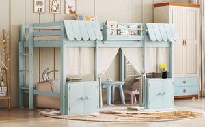 English Elm Full Loft Bed With Playful Cottage Design, Built-In Bookshelf, Curtain & Safety Guardrails For Kids W1580S00360