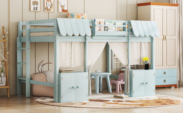English Elm Full Loft Bed With Playful Cottage Design, Built-In Bookshelf, Curtain & Safety Guardrails For Kids W1580S00360