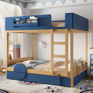 English Elm Full Bunk Bed with Trundle Bookshelf Storage Pine Frame Car Design for Kids Blue,Natural W1580S00445