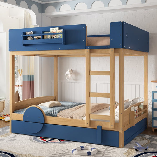 English Elm Full Bunk Bed with Trundle Bookshelf Storage Pine Frame Car Design for Kids Blue,Natural W1580S00445