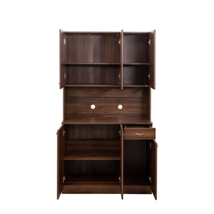 English Elm 70.87" Melamine Wardrobe & Kitchen Cabinet, 6-Door Storage with Drawer & Open Shelf, Walnut Finish, Durable Sturdy Design W331S00172