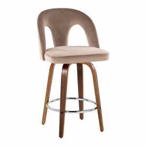 English Elm Fixed-height Swivel Counterstools Taupe Velvet Bentwood Walnut Legs Chrome Footrest Set B202S01796