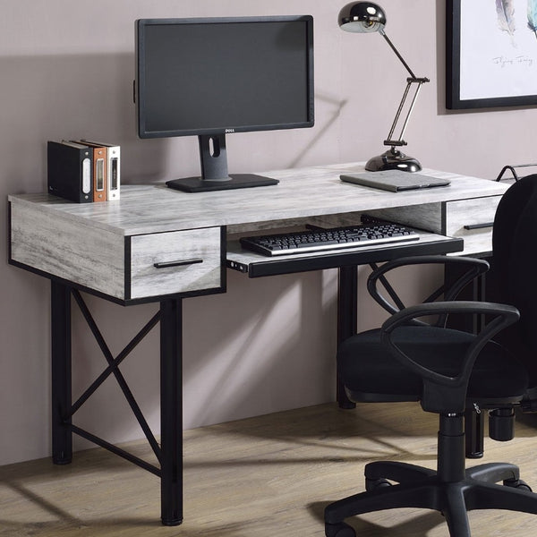 English Elm Rectangular Computer Desk - Antique White & Black Metal, 2 Drawers, Ergonomic Keyboard Tray Design B016P311793-GIGA