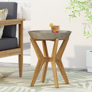 English Elm Yukon Outdoor Side Table Concrete Top Solid Acacia Wood Base Patio Accent 70618.00LGRY